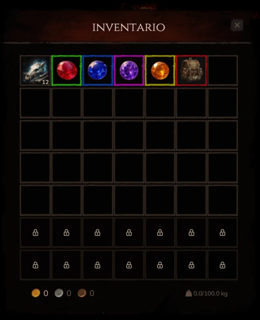 Inventory with the rarity borders, Ashram Online screenshot
